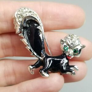 Vintage Skunk Rhinestone Enamel Brooch, Black Silver Tone Lapel Pin, Green Eyes
